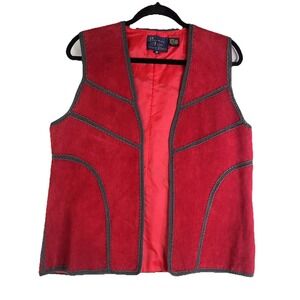 Vtg Bonnie Lee Red Pig Suede Crochet Seams‎ Sleeveless Vest Western Boho Hippie